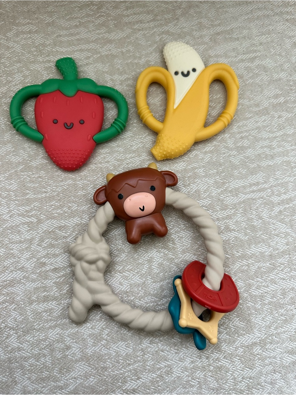 Itzy Ritzy Fruit & Farm Teether Set - Red, Green, Yellow, Brown, Cream, Blue